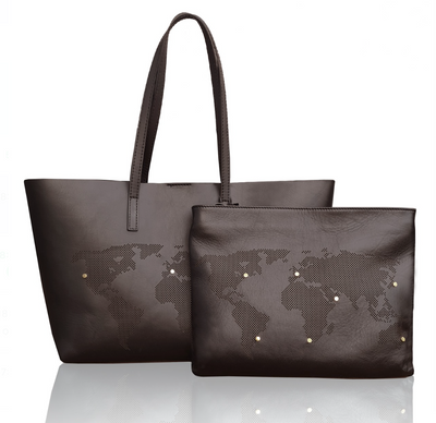 SET OF WORLD MAP TOTE & CLUTCH - BROWN