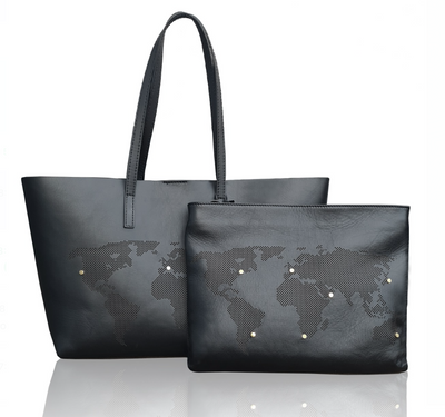 SET OF WORLD MAP TOTE & CLUTCH - BLACK