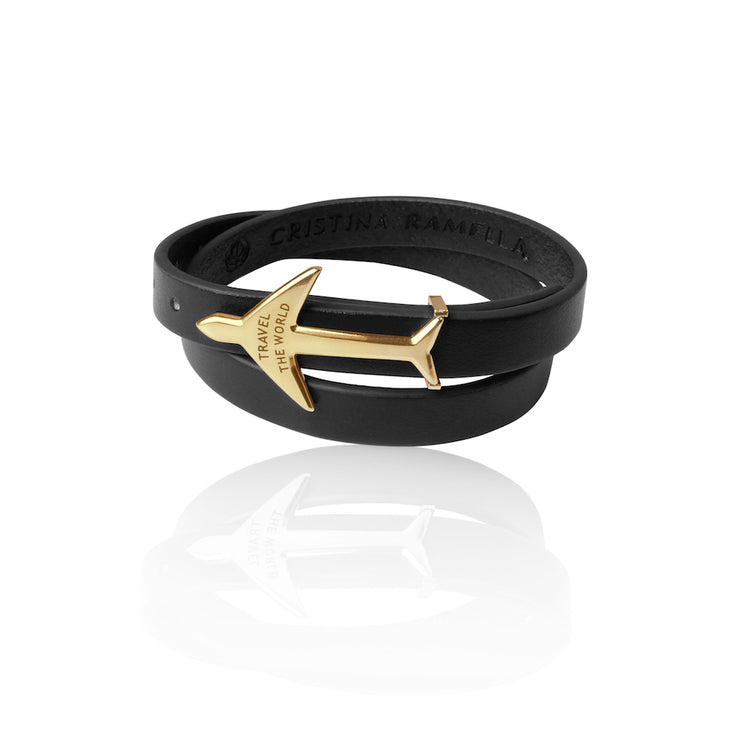 24K Gold Plated Black Leather Wrap Airplane Bracelet by Cristina Ramella