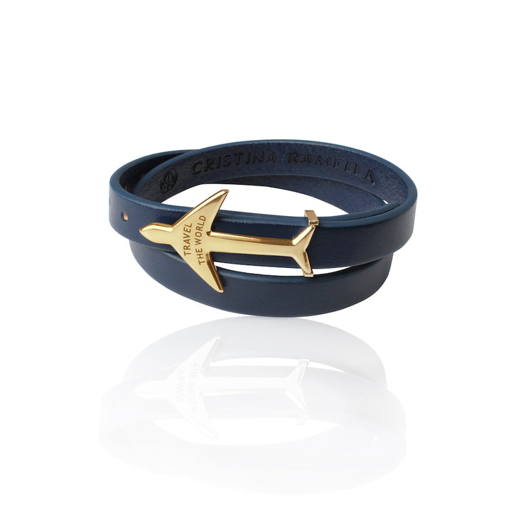 24K Gold Plated Blue Leather Wrap Airplane Bracelet by Cristina Ramella
