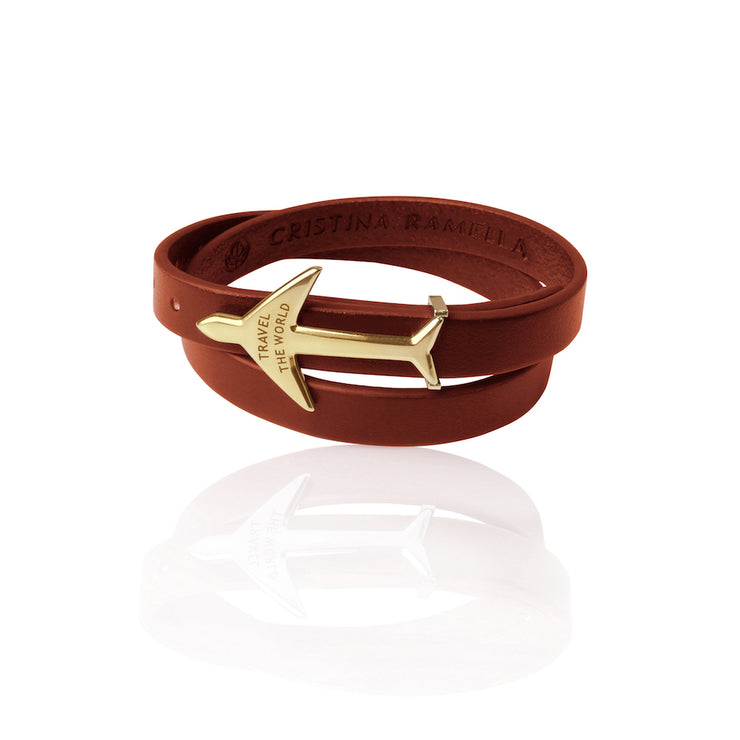 24K Gold Plated Brown Leather Wrap Airplane Bracelet by Cristina Ramella